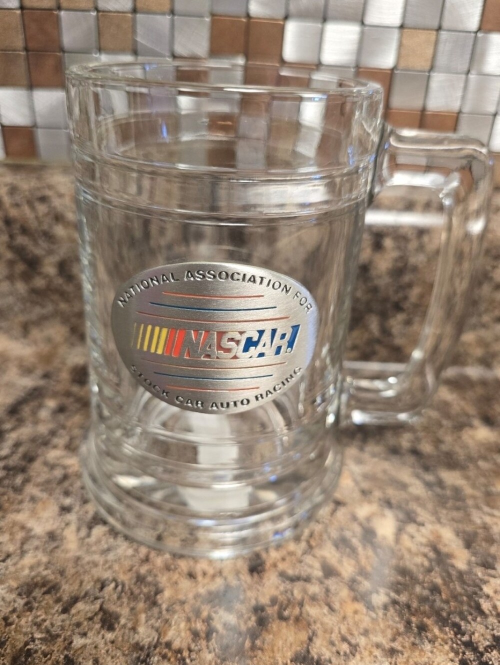 Nascar Clear Glass Mug with Silver Logo and Multicolor Accent